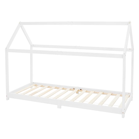 Fehér dobozos ágy tetővel, ML-Design, 206,5 x 141,5 x 98 cm, skandináv kivitel, könnyen összeszerelhető, ideális gyerekeknek 10 éves korig, beleértve a matracot 90x200 cm, mosható huzat