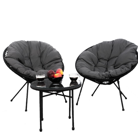 Terasz bútorkészlet, 2 szék párnával és asztal üveglappal, fém és műrattan, 85x71x85 cm (szék) 50x44 (asztal), Szín Fekete