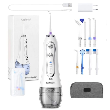 H2ofloss Premium professzionális szájöblítő, 8 fúvóka, 5 nyomásszint, 2500 mAh-s akkumulátor, 1200 impulzus/perc, gravitációs golyó, 300 ml-es tartály, fehér