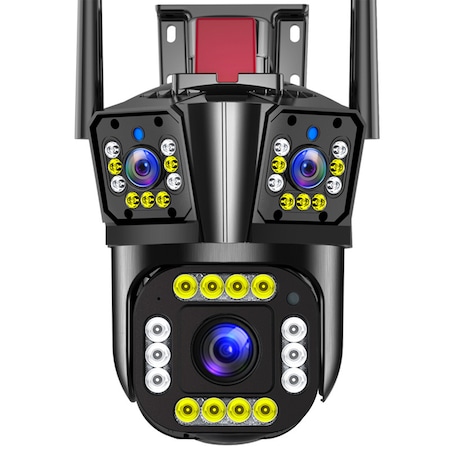 WIFI térfigyelő kamera 3 lencsével, NUODWELL, 12MP, Színes éjszakai látással és nyomkövető intelligenciával, Vízálló IP66, Kétirányú kommunikáció, Kültéri/beltéri, Fekete