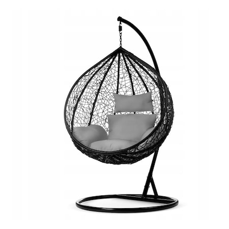 Fekete rattan hatású függőfotel szürke ülőpárnával 115x108x195 cm