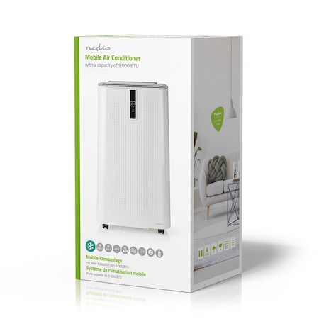 NEDIS hordozható légkondicionáló,2.6 kw-s wifi-s Mobil Légkondicionáló beszerelő csomaggal, Energiaosztály: A, Távirányító Időzítő Funkció, hatékonyság 60nm -ig mobil klíma fehér