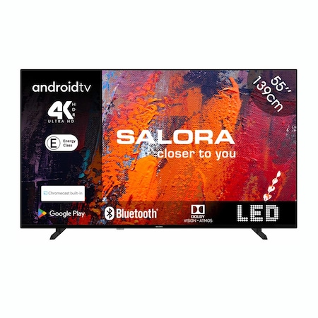 Smart LED 4K Ultra HD TV Salora, 55UA550, 139 cm, Android 11, Amazon Prime, Apple TV, Disney+, Netflix, Red Bull TV, Spotify, Wifi, Dolby Digital, Dolby Vision, Direct LED, Chromecast, Játék mód, fekete