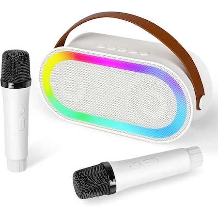 GoBERA Smart Karaoke mikrofon gyerekeknek és felnőtteknek, vezeték nélküli, hordozható Bluetooth hangszóró, LED fények, 2 vezeték nélküli mikrofon, MP3 lejátszó, Fehér szín