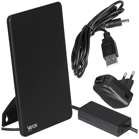 TV kamera antenna VA0091 Vayox, DVB-T/DVB-T2 földi televízióhoz, erősítővel, belső, VHF, UHF, FULL HD, 4K, LTE 4G szűrő, 2m kábel, 5V, Fekete