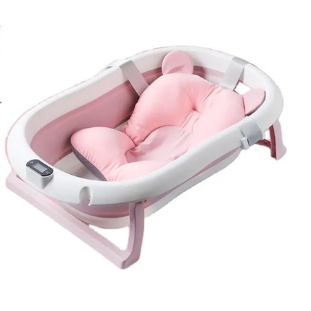 OEM összecsukható fürdőkád újszülötteknek ToysProtect párnával és hőmérővel lányoknak rózsaszín, 82x49x49 méret
