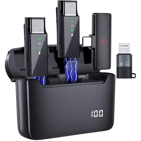 WIRSEN Lavalier vezeték nélküli mikrofon, 2 db, iPhone iPad Android készülékhez, USB-C interfész és Lightning adapter, vezeték nélküli, okostelefonhoz, laptophoz, táblagéphez, plug-play, élő közvetítés, audio- vagy videotartalom előállítására, fekete