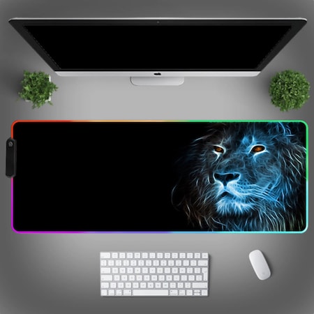 Professzionális RGB Gaming egérpad, LED világítással, puha felülettel, csúszásmentes gumi alappal, többféle világítási mód, állítható fényerő, 600x350x4mm méretben, oroszlán motívummal