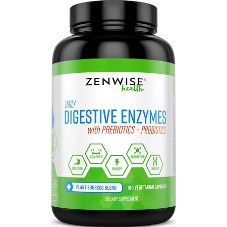 Zenwise egészségügyi emésztőenzimek, prebiotikumok és probiotikumok, természetes támogatás a jobb emésztéshez és felszívódáshoz, puffadás, székrekedés ellen, 180 kapszula
