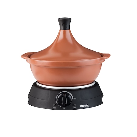 H.Koenig tajine elektromos edĂ©ny, TAJ3, Ʊrtartalom 3 l, terrakotta, 300 W, ĂĄllĂthatĂł hĆmĂ©rsĂ©klet, lassĂș tƱzhely, tökĂ©letes fĆzĂ©s, LED jelzĆ, piros/fekete