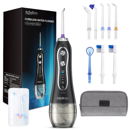 H2ofloss Premium professzionális szájöblítő, 8 fúvóka, 5 nyomásszint, 2500 mAh-s akkumulátor, 1200 lüktetés/perc, gravitációs golyó, 300 ml-es tartály, fekete
