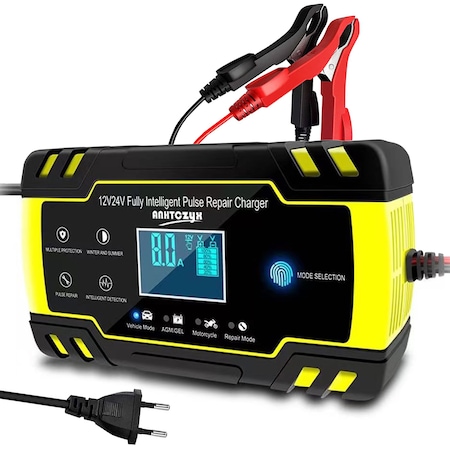 OEM Intelligens autós/motoros egyenirányító, 12V/24V, 8A, Feszültségszabályozás, Érintőképernyő, LCD, Fekete/Sárga