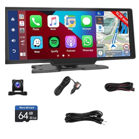 Navigációs autós multimédiás DVR 10,26 hüvelykes, dupla kamera - 2,5K kártya, állítható, 1080P hátsó (Babycam/Dashcam), osztott képernyő, Full-touch IPS HD képernyő Levehető, CarPlay/AndroidAuto, BT, FM, MirrorCast + Microcard 64G és kábel AUX mellékelve