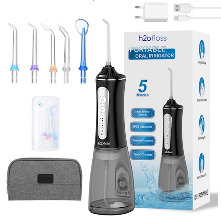 Professzionális szájöblítő H2ofloss® Premium szájöblítőhöz, USB-C kábel a töltéshez, IPX7 vízállóság, túlmelegedés elleni védelem, 300 ml, 5 nyomásfokozat, 2500 mAh, adapter, hordtáska, tok 5 fúvókával, fekete