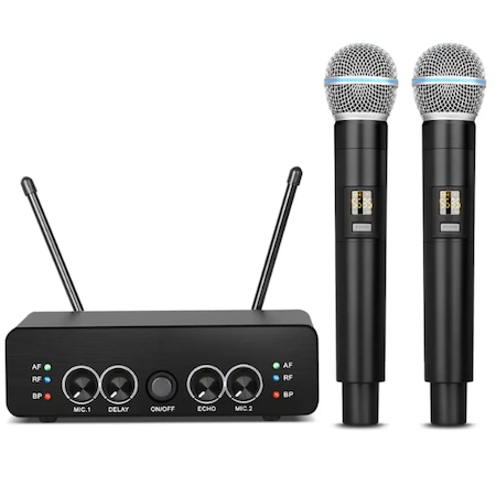 2 db professzionális vezeték nélküli mikrofon készlet, vezeték nélküli UHF, vevővel, Omnidirectional, hordozható, karaoke, konferenciák, rendezvények, fekete