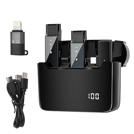 2 db vezeték nélküli lavalier mikrofon készlet, JESWO, digitális kijelző, 2.4G vezeték nélküli, fekete