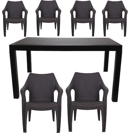 Teraszos vagy kerti asztalkészlet 6 db IdealStore rattan székkel, prémium minőség, 140 x szélesség 80 x magas 75 cm, rattan mintás szék, víz-, nap-, fagy-, nedvességálló, többszörös használatra